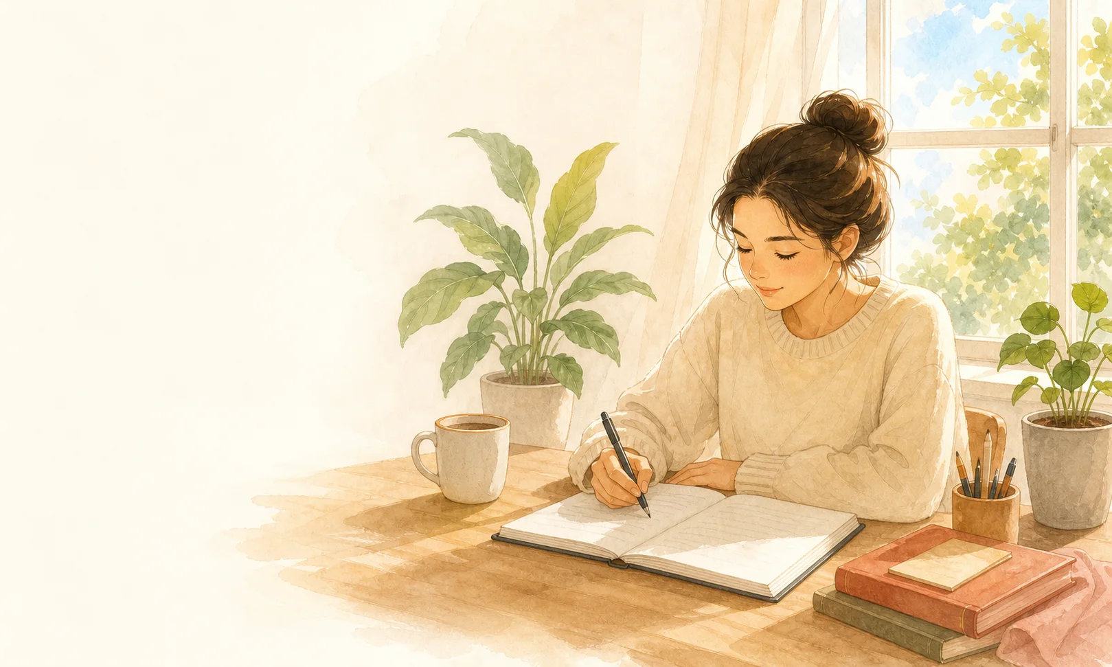 A student writing at a sunlit desk surrounded by plants
